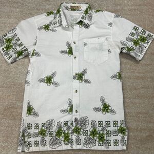 Wayan Hawaiian Shirt Mens L White Green Floral Short Sleeve Button Chest Pocket